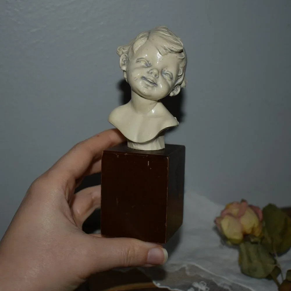 Antique Vintage Petit Resin Small Sculpture Smiling Boy Bust Decor